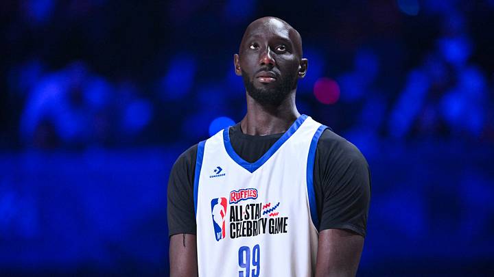 Feb 13, 2026; Los Angeles, CA, USA; Tacko Fall of Team 1 looks on during the NBA All Star Celebrity Game at Kia Forum. Feb 13, 2026; Los Angeles, CA, USA; Tacko Fall of Team 1 looks on during the NBA All Star Celebrity Game at Kia Forum.