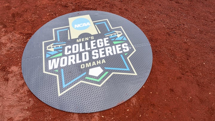 Jun 13, 2025; Omaha, Neb, USA; An on-deck circle sits on the dirt before the game between the Arizona Wildcats and the Coastal Carolina Chanticleers at Charles Schwab Field.
