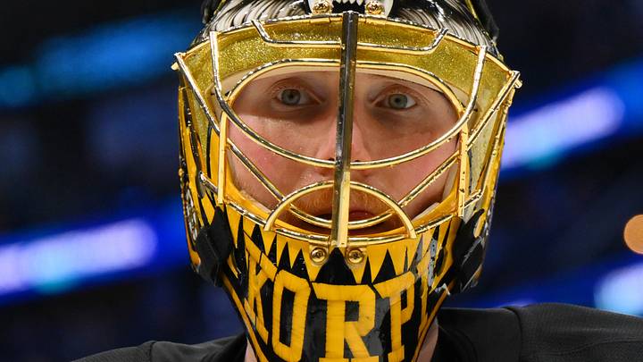 Dec 12, 2024; Seattle, Washington, USA; Boston Bruins goaltender Joonas Korpisalo (70) during the third period against the Seattle Kraken at Climate Pledge Arena. Mandatory Credit: Steven Bisig-Imagn Images