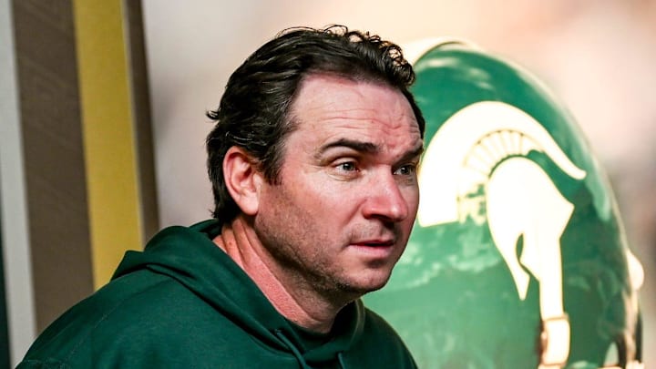 Michigan State coach Jonathan Smith takes the podium before talking to the media on the first national signing day for college football recruits Wednesday, Dec. 20, 2023, at Spartan Stadium in East Lansing.