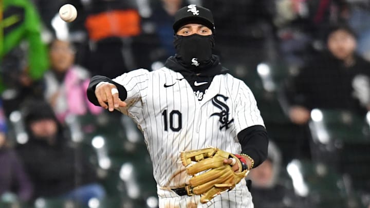 Apr 2, 2024; Chicago, Illinois, USA; Chicago White Sox third baseman Yoan Moncada (10) completes a double play after forcing out Atlanta Braves Ronald Acuna Jr (not pictured) during the eighth inning at Guaranteed Rate Field. Apr 2, 2024; Chicago, Illinois, USA; Chicago White Sox third baseman Yoan Moncada (10) completes a double play after forcing out Atlanta Braves Ronald Acuna Jr (not pictured) during the eighth inning at Guaranteed Rate Field.