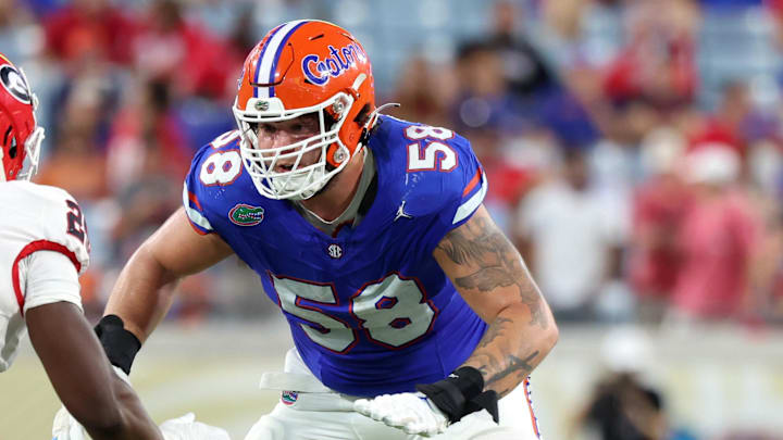 Oct 28, 2023; Jacksonville, Florida, USA; Florida Gators offensive lineman Austin Barber (58) against the Georgia Bulldogs during the second half at EverBank Stadium. Mandatory Credit: Kim Klement Neitzel-Imagn Images Oct 28, 2023; Jacksonville, Florida, USA; Florida Gators offensive lineman Austin Barber (58) against the Georgia Bulldogs during the second half at EverBank Stadium. Mandatory Credit: Kim Klement Neitzel-Imagn Images