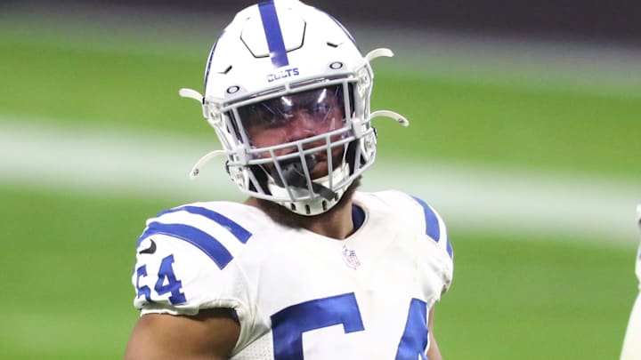 Dec 13, 2020; Paradise, Nevada, USA; Indianapolis Colts linebacker Anthony Walker (54) against the Las Vegas Raiders at Allegiant Stadium. Mandatory Credit: Mark J. Rebilas-Imagn Images