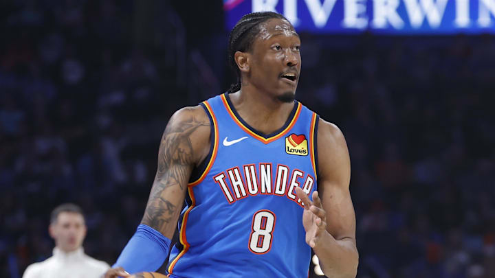 Apr 5, 2026; Oklahoma City, Oklahoma, USA; Oklahoma City Thunder guard Jalen Williams (8) dribbles down the court against the Utah Jazz during the second quarter at Paycom Center. Mandatory Credit: Alonzo Adams-Imagn Images