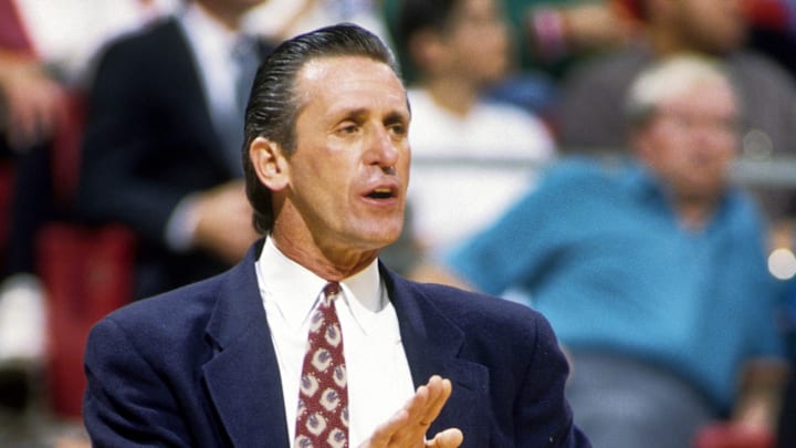 Unknown date & location, USA: FILE PHOTO; New York Knicks head coach Pat Riley on the sideline during the 1992 season. Mandatory Credit: Imagn Images Unknown date & location, USA: FILE PHOTO; New York Knicks head coach Pat Riley on the sideline during the 1992 season. Mandatory Credit: Imagn Images