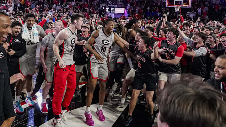 Feb 25, 2025; Athens, Georgia, USA; Post game scenes and reactions after the Georgia Bulldogs defeated the Florida Gators and the fans rushed the court at Stegeman Coliseum. Mandatory Credit: Dale Zanine-Imagn Images