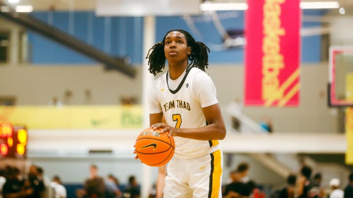 Team Thad’s Jasper Johnson (2) prepares to shoot a free throw during a game against Team Bradley Beal Elite during the Nike Elite Youth Basketball League session one on Friday, April 26, 2024 at the Memphis Sports & Event Center in Memphis, Tenn.