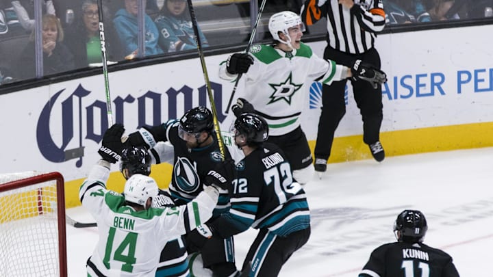 Mar 5, 2024; San Jose, California, USA; Dallas Stars center Wyatt Johnston (53) reacts after scoring