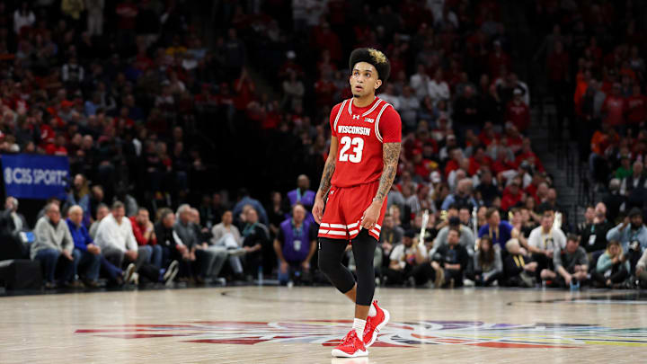 Mar 16, 2024; Minneapolis, MN, USA; Wisconsin Badgers guard Chucky Hepburn (23) looks on during the second half against the Purdue Boilermakers at Target Center. Mandatory Credit: Matt Krohn-Imagn Images