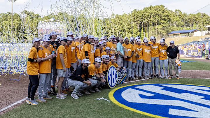 May 26, 2024; Hoover, AL, USA; The Tennessee Volunteers celebrate a championship game win over LSU at the SEC Baseball Tournament at Hoover Metropolitan Stadium. Mandatory Credit: Vasha Hunt-Imagn Images
