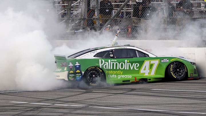 Oct 6, 2024; Talladega, Alabama, USA; Ricky Stenhouse, Jr. (47) celebrates a win after the YellaWood 500 at Talladega Superspeedway. Oct 6, 2024; Talladega, Alabama, USA; Ricky Stenhouse, Jr. (47) celebrates a win after the YellaWood 500 at Talladega Superspeedway.
