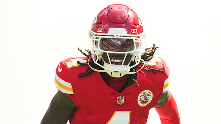 Sep 15, 2024; Kansas City, Missouri, USA; Kansas City Chiefs wide receiver Rashee Rice (4) takes the field prior to a game against the Cincinnati Bengals at GEHA Field at Arrowhead Stadium. Mandatory Credit: Jay Biggerstaff-Imagn Images Sep 15, 2024; Kansas City, Missouri, USA; Kansas City Chiefs wide receiver Rashee Rice (4) takes the field prior to a game against the Cincinnati Bengals at GEHA Field at Arrowhead Stadium. Mandatory Credit: Jay Biggerstaff-Imagn Images