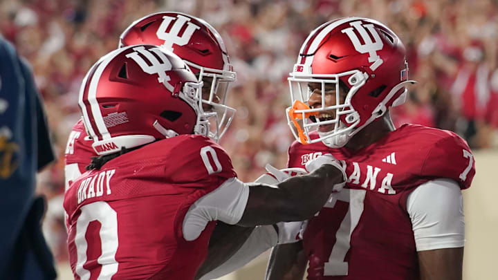 Sept. 20, 2025; Indiana Hoosiers receiver E.J. Williams Jr. and Jonathan Brady celebrate after a touchdown against Illinois. Sept. 20, 2025; Indiana Hoosiers receiver E.J. Williams Jr. and Jonathan Brady celebrate after a touchdown against Illinois.