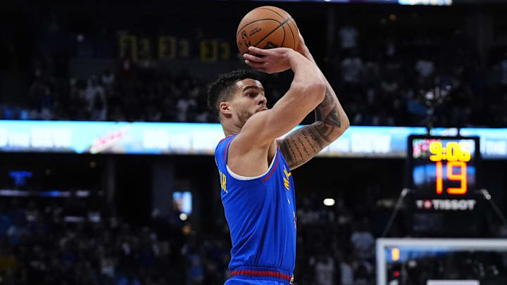 May 3, 2025; Denver, Colorado, USA; Denver Nuggets forward Michael Porter Jr. (1) lines up a three point score in the third quarter against the LA Clippers during game seven of first round for the 2025 NBA Playoffs at Ball Arena. Mandatory Credit: Ron Chenoy-Imagn Images