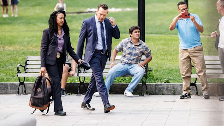 Pictured (L-R): Sonequa Martin-Green as Lena Silver and Donnie Wahlberg as Danny Reagan in Boston Blue season 1