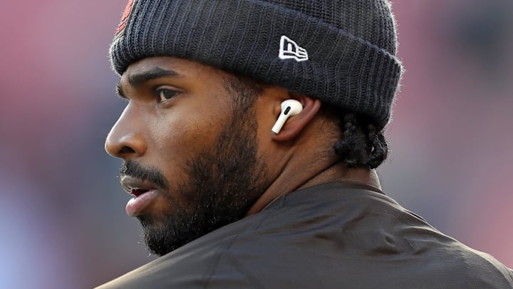 Cleveland Browns quarterback Shedeur Sanders (12) takes the field before an NFL football game at Huntington Bank Field, Dec. 21, 2025, in Cleveland, Ohio.