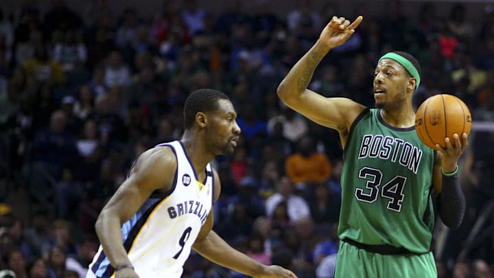 Mar 23, 2013; Memphis, TN, USA; Boston Celtics small forward Paul Pierce (34) sets the play while guarded by Memphis Grizzlies shooting guard Tony Allen (9) during the game at FedEx Forum. Memphis Grizzlies defeat the Boston Celtics 110-106. Mandatory Credit: Spruce Derden-Imagn Images Mar 23, 2013; Memphis, TN, USA; Boston Celtics small forward Paul Pierce (34) sets the play while guarded by Memphis Grizzlies shooting guard Tony Allen (9) during the game at FedEx Forum. Memphis Grizzlies defeat the Boston Celtics 110-106. Mandatory Credit: Spruce Derden-Imagn Images