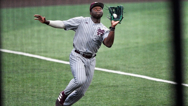 Mississippi State's Dakota Jordan (42) makes a catch in left field during the NCAA baseball game