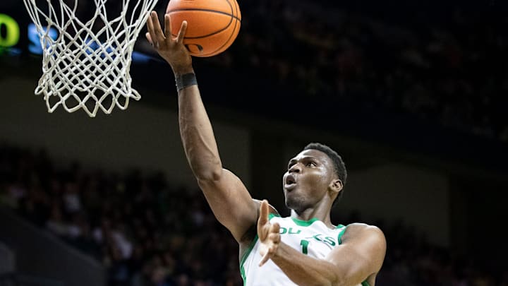 Oregon center N'Faly Dante puts up a shot as the Oregon Ducks host the Utah Utes.