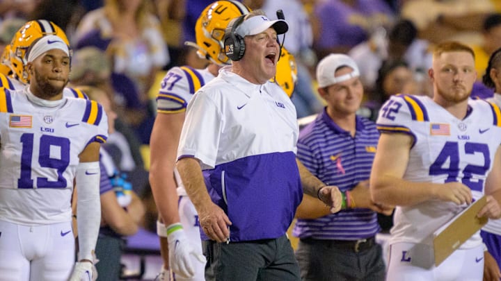 Oct 21, 2023; Baton Rouge, Louisiana, USA; LSU Tigers head coach Brian Kelly calls out against the Army Black Knights at Tiger Stadium. Mandatory Credit: Matthew Hinton-USA TODAY Sports