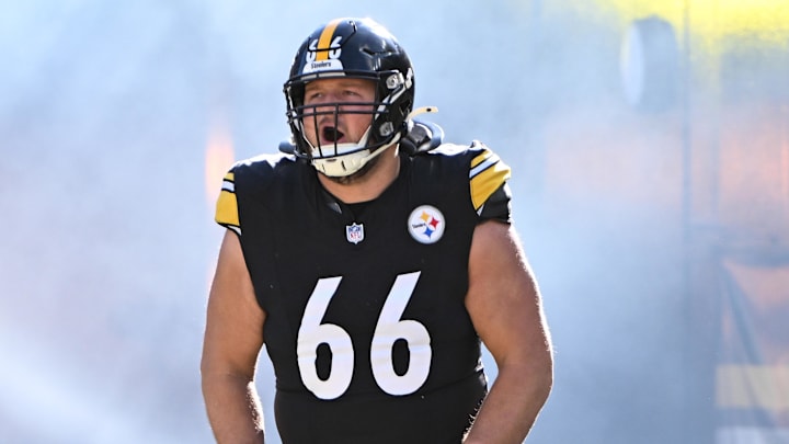 Dec 8, 2024; Pittsburgh, Pennsylvania, USA; Pittsburgh Steelers guard Mason McCormick (66) takes the field for a game against the Cleveland Browns at Acrisure Stadium. Mandatory Credit: Barry Reeger-Imagn Images