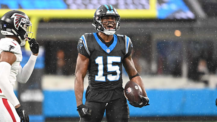 Dec 17, 2023; Charlotte, North Carolina, USA; Carolina Panthers wide receiver Jonathan Mingo (15) reacts after making a catch in the fourth quarter at Bank of America Stadium.