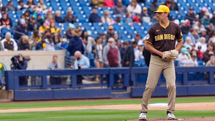Mar 7, 2025; Phoenix, Arizona, USA; San Diego Padres pitcher Kyle Hart (68) on the mound in the second inning of a spring training game against the San Diego Padres at American Family Fields of Phoenix. Mandatory Credit: Allan Henry-Imagn Images