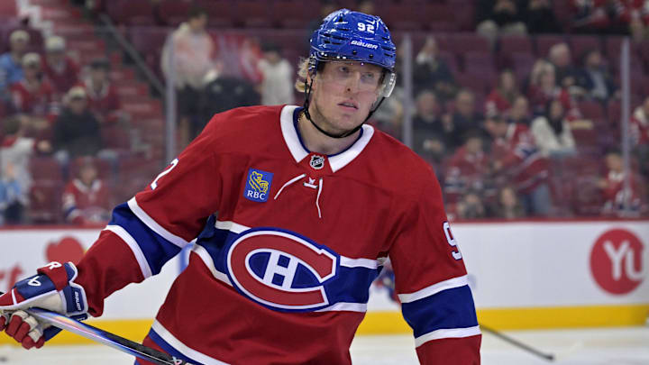 Sep 22, 2025; Montreal, Quebec, CAN; Montreal Canadiens forward Patrik Laine (92) skates during the warmup period before the game against the Pittsburgh Penguins at the Bell Centre. Mandatory Credit: Eric Bolte-Imagn Images