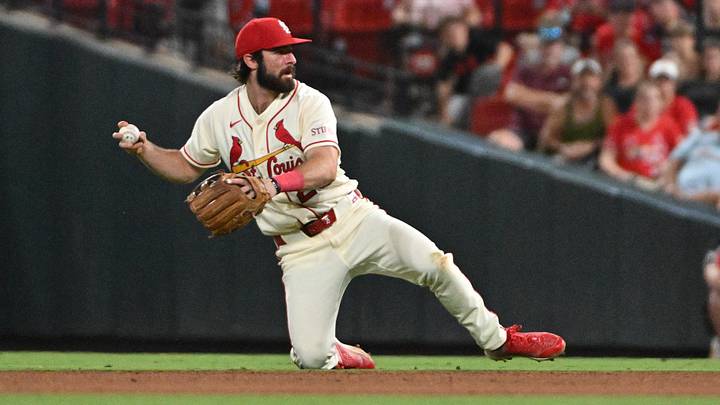 Sep 19, 2026; St. Louis, Missouri, USA;  St. Louis Cardinals third baseman Thomas Saggese (25) throws to first for the out against Washington Nationals designated hitter Jose Tena (8) during the ninth inning at Busch Stadium.  Mandatory Credit: Jeff Le-Imagn Images