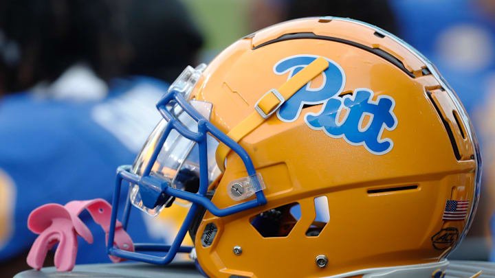 Sep 2, 2023; Pittsburgh, Pennsylvania, USA;  A Pittsburgh Panthers helmet on the sidelines against the Wofford Terriers during the fourth quarter at Acrisure Stadium. Mandatory Credit: Charles LeClaire-Imagn Images