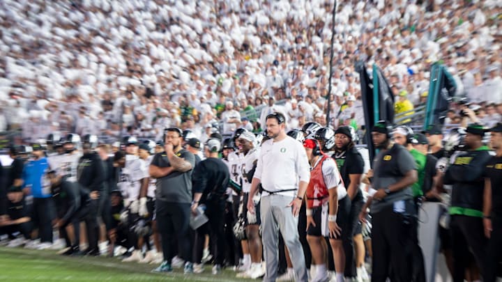 Oregon head coach Dan Lanning watches over his team as the Oregon Ducks face the Penn State Nittany Lions on Sept. 27, 2025, at Beaver Stadium in University Park, Pennsylvania.