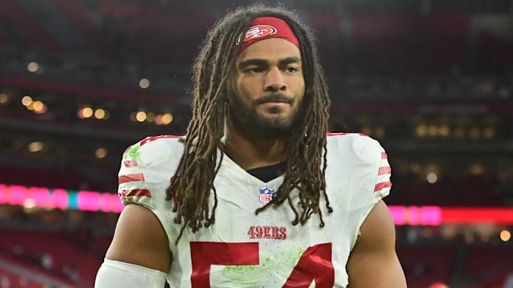 Jan 5, 2025; Glendale, Arizona, USA;  San Francisco 49ers linebacker Fred Warner (54) looks on after losing to the Arizona Cardinals at State Farm Stadium. Mandatory Credit: Matt Kartozian-Imagn Images