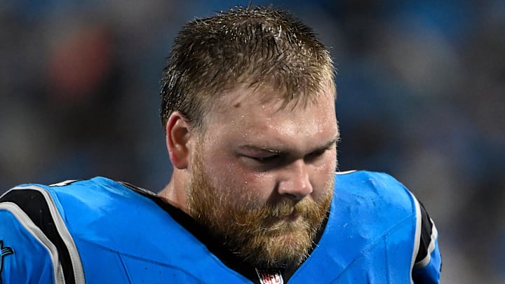 Carolina Panthers center Cade Mays on the sidelines in the fourth quarter.
