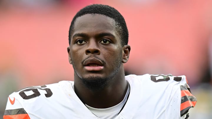 Aug 10, 2024; Cleveland, Ohio, USA; Cleveland Browns defensive end Isaiah Thomas (96) after the game against the Green Bay Packers at Cleveland Browns Stadium. Mandatory Credit: Ken Blaze-Imagn Images