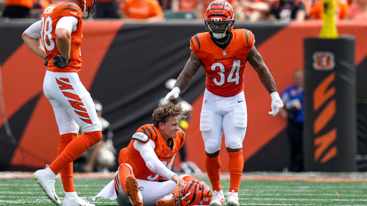 Cincinnati Bengals quarterback Joe Burrow (9) is injured on a play in the second quarter of the NFL Week 2 game between the Cincinnati Bengals and the Jacksonville Jaguars at Paycor Stadium in downtown Cincinnati on Sunday, Sept. 14, 2025. The Jaguars led 17-10 at halftime.