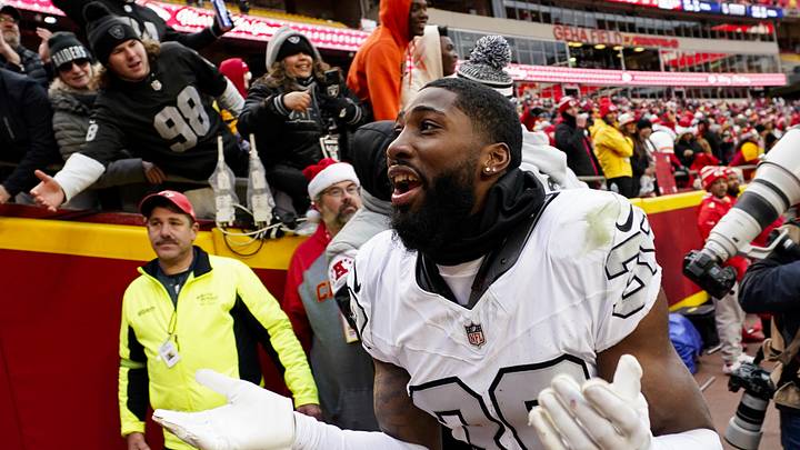 Dec 25, 2023; Kansas City, Missouri, USA; Las Vegas Raiders cornerback Nate Hobbs (39) interacts with the crowd after defeating the Kansas City Chiefs at GEHA Field at Arrowhead Stadium. Mandatory Credit: Jay Biggerstaff-USA TODAY Sports Dec 25, 2023; Kansas City, Missouri, USA; Las Vegas Raiders cornerback Nate Hobbs (39) interacts with the crowd after defeating the Kansas City Chiefs at GEHA Field at Arrowhead Stadium. Mandatory Credit: Jay Biggerstaff-USA TODAY Sports