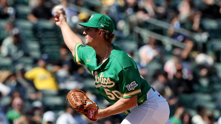 Apr 16, 2026; West Sacramento, California, USA; Athletics pitcher Jack Perkins (50) throws a pitch against the Texas Rangers during the eighth inning at Sutter Health Park. Mandatory Credit: Dennis Lee-Imagn Images