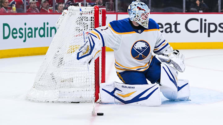 May 16, 2026; Montreal, Quebec, CAN; Buffalo Sabres goalie Ukko-Pekka Luukkonen (1) intercepts the puck against the Montreal Canadiens during the third period in game six of the second round of the 2026 Stanley Cup Playoffs at Bell Centre. Mandatory Credit: David Kirouac-Imagn Images