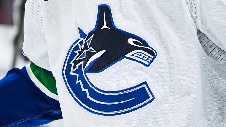 Jan 12, 2026; Montreal, Quebec, CAN; View of a Vancouver Canucks logo on a jersey worn by a member of the team during the second period at Bell Centre. 