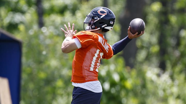 May 31, 2024; Lake Forest, IL, USA; Chicago Bears quarterback Caleb Williams (18) throws the ball during organized team activities at Halas Hall. Mandatory Credit: Kamil Krzaczynski-USA TODAY Sports
