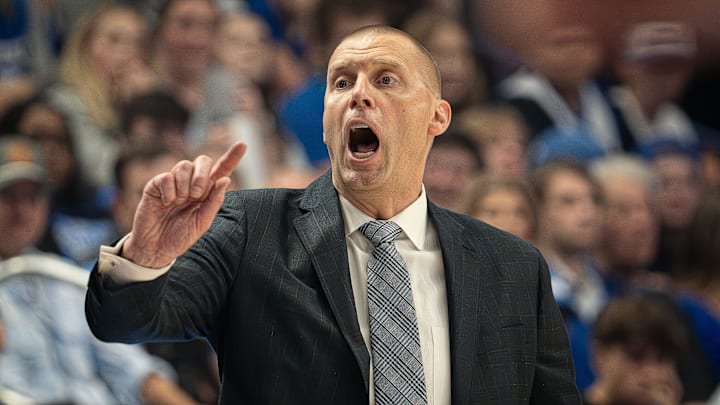 Kentucky head coach Mark Pope yelled out defensive instructions during the Wildcats' season-opening game against Wright State at Rupp Arena in Lexington, Ky. on November 4, 2024.