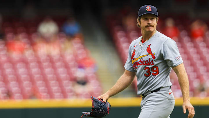 Apr 30, 2025; Cincinnati, Ohio, USA; St. Louis Cardinals starting pitcher Miles Mikolas (39) walks off the field during a pitching change in the sixth inning against the Cincinnati Reds at Great American Ball Park. Mandatory Credit: Katie Stratman-Imagn Images