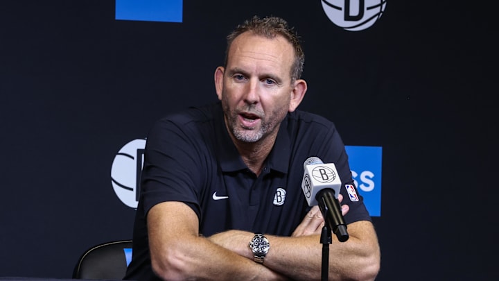 Sep 23, 2025; Brooklyn, NY, USA;  Brooklyn Nets general manager Sean Marks speaks at Media Day.  Mandatory Credit: Wendell Cruz-Imagn Images