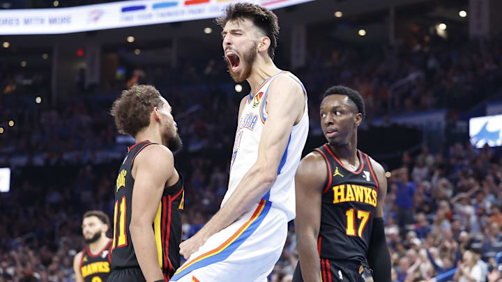Oct 27, 2024; Oklahoma City, Oklahoma, USA; Oklahoma City Thunder forward Chet Holmgren (7) celebrates after dunking against the Atlanta Hawks during the second half at Paycom Center. Mandatory Credit: Alonzo Adams-Imagn Images