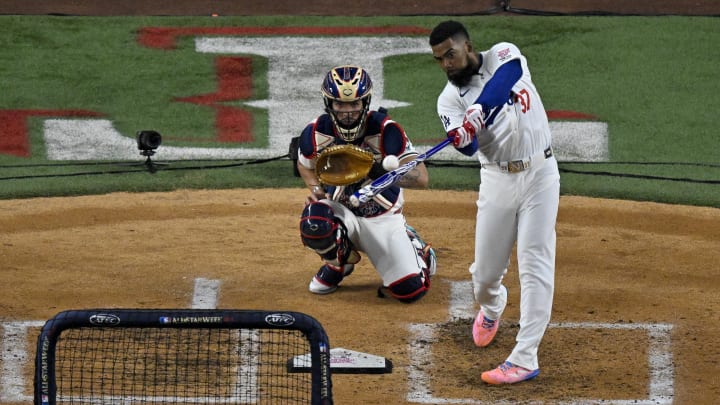 National League outfielder Teoscar Hernandez of the Los Angeles Dodgers bats during the semifinals of the 2024 All Star Game Home Run Derby on Monday.