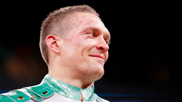 Oct 12, 2019; Chicago, IL, USA; Oleksandr Usyk (white trunks) after his win over Chazz Witherspoon (not pictured) box during a heavyweight boxing match at Wintrust Arena. Mandatory Credit: Jon Durr-Imagn Images