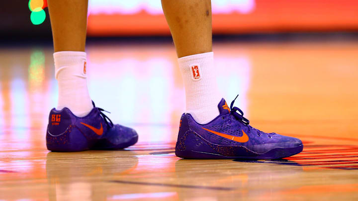 Sep 7, 2014; Phoenix, AZ, USA; Detailed view of the Nike shoes of Phoenix Mercury center Brittney Griner (42) against the Chicago Sky during game one of the WNBA Finals at US Airways Center. The Mercury defeated the Sky 83-62. Mandatory Credit: Mark J. Rebilas-Imagn Images