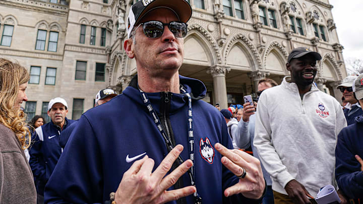 UConn Huskies head coach Dan Hurley at the State Capitol to start the team's championship parade. UConn Huskies head coach Dan Hurley at the State Capitol to start the team's championship parade.