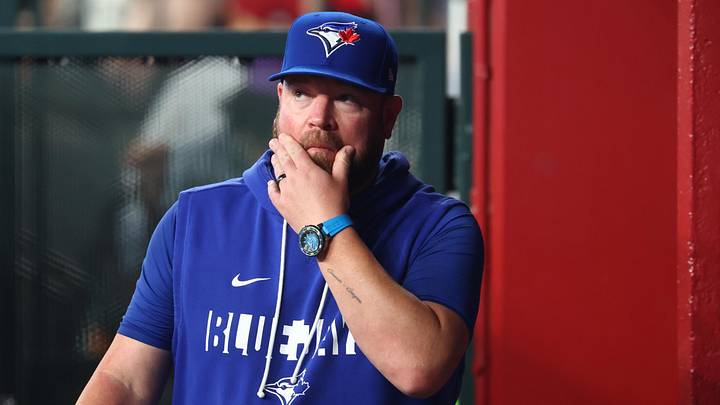 Apr 19, 2026; Phoenix, Arizona, USA; Toronto Blue Jays manager John Schneider against the Arizona Diamondbacks at Chase Field. Mandatory Credit: Mark J. Rebilas-Imagn Images