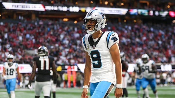 Carolina Panthers quarterback Bryce Young (9) reacts to a touchdown in the fourth quarter